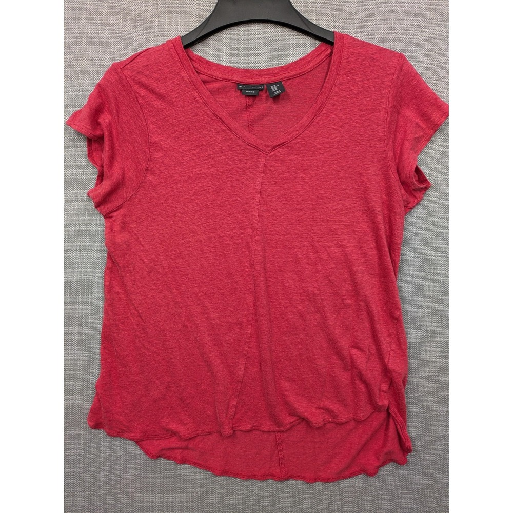 Tahari Shirt Womens XL Red Linen V Neck Short Sleeve Curved Hem Top Casual